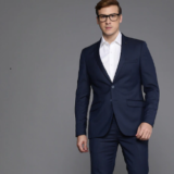 Men Blue Solid Slim Fit Single-Breasted Two Piece Formal Suit